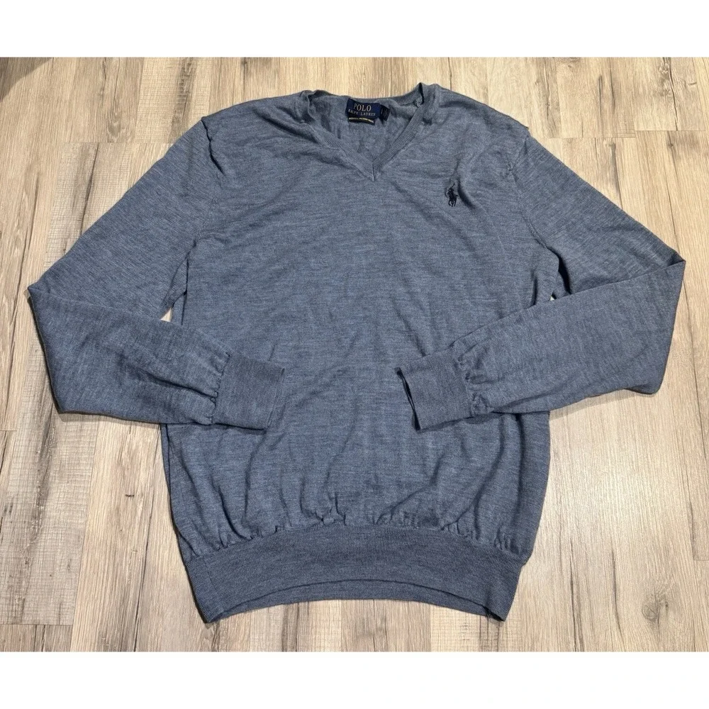 Polo Ralph Lauren Men's L Gray 100% Merino Wool V-Neck Pullover Logo Sweater